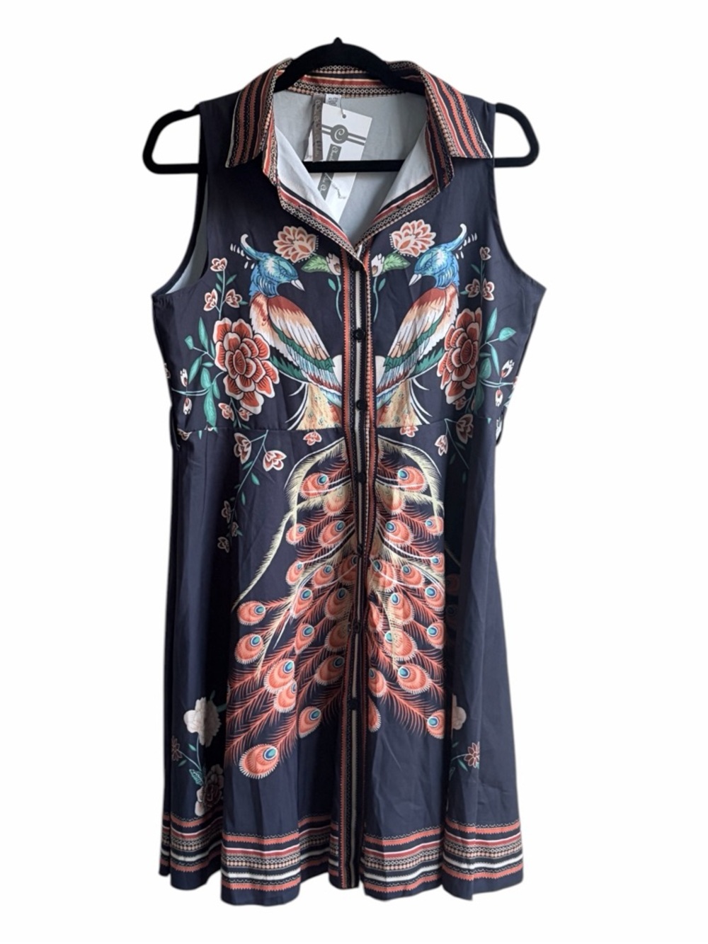 Sleeveless Navy Peacock-Print Zip Front Dress‎